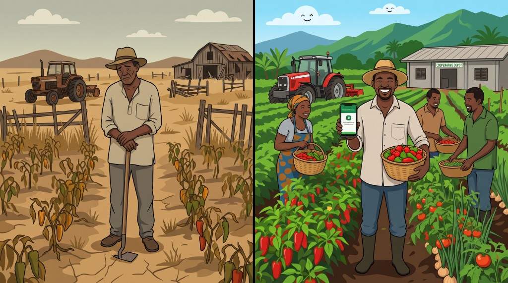 Split-scene illustration of a struggling farmer before digitization and thriving cooperative farming after digitization with mobile tools